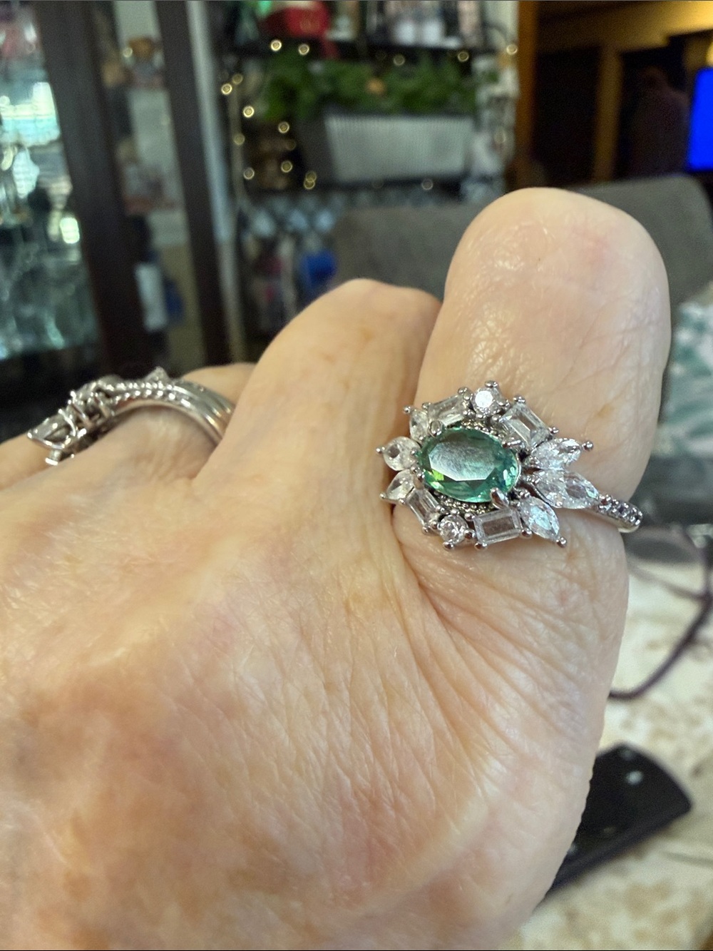Emerald Center Halo Ring in Silver-Tone Setting